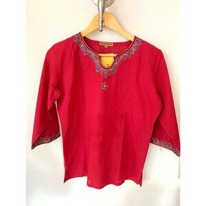 Kalpastree Women's Embroidered Tribal Ethnic Shirt Top Red Med Hippie